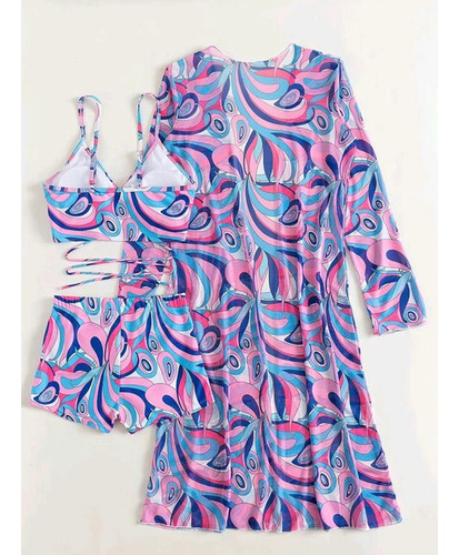 Conjunto Bikini De Tres Piezas Con Estampado Floral Playa
