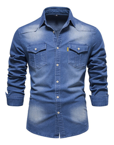 Camisas De Vestir Hombre De Mezclilla Casual Cargo Slim Fit