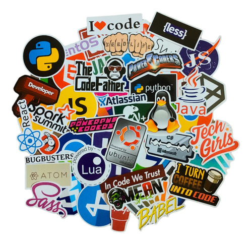 48 Stickers Programação Nerd Pop Python Lua Tech Jade Ubuntu