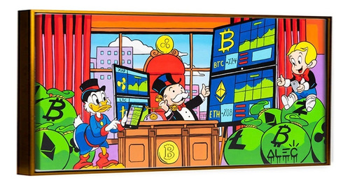 Cuadro Canvas Alec Monopoly Bitcoin Graffiti Criptomonedas Color Multicolor Armazón Bastidor De Madera