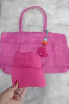 Comprar Kit Praia Bolsa De Praia Feminina + Viseira Rosa Moda Verão