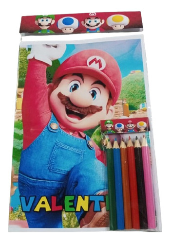 Libro Para Colorear Personalizado + 6 Lapices Mario Bross