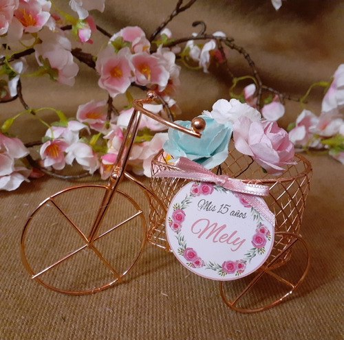 Souvenir Mini Bici Corazon Gold Rose C/flores 15 Años Boda