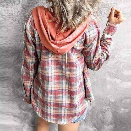 Camisas Manga Larga Para Mujer A Cuadros Con Capucha Cordón