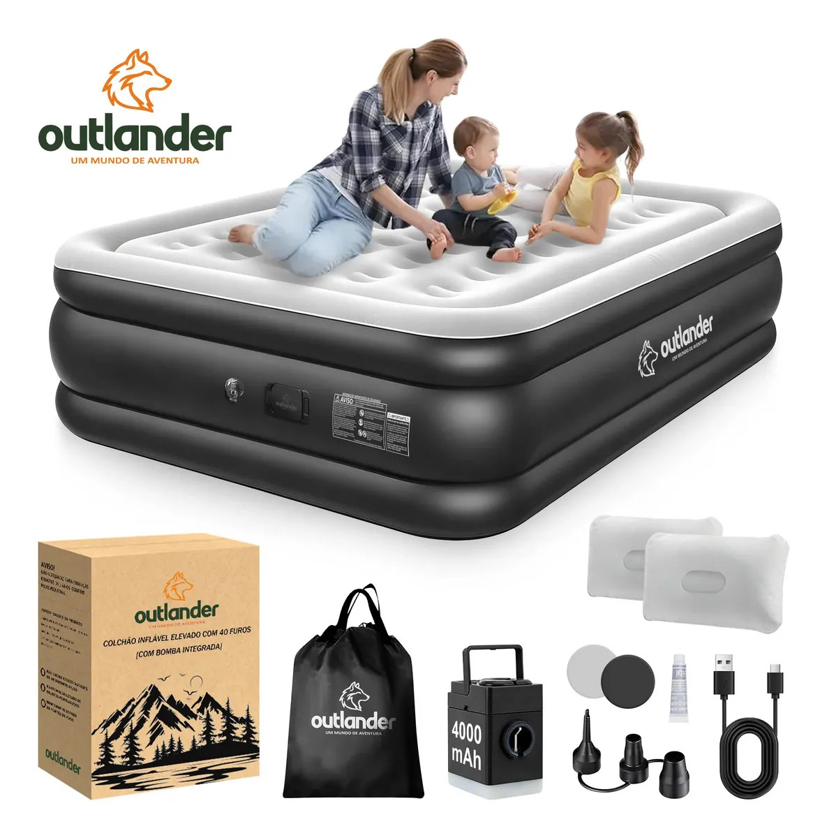 Colchão Inflável Casal Queen Bomba Elétrica 210x160x46cm Outlander Preto