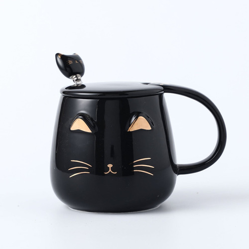 Taza De Cerámica Con Cucharita Y Tapa Colección Gatos 400ml