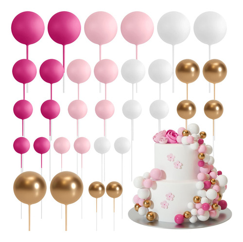 Cake Toppers De Globos Fuccia Rosa Blanco Y Dorado 32pz Rosa, Dorado Y Blanco Liso