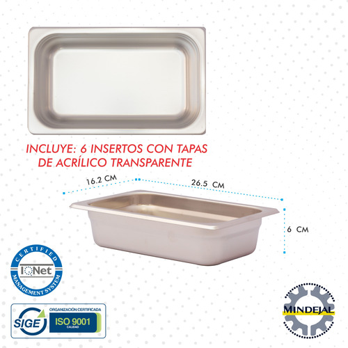 Charola Fría O Baño Maria Con 6 Insertos Acero Inoxidable