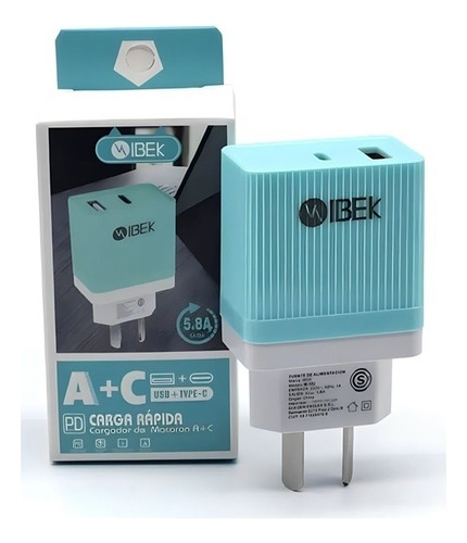 Cabezal De Pared Usb + Tipo C 5.8a Carga Rápida Marca Ibek