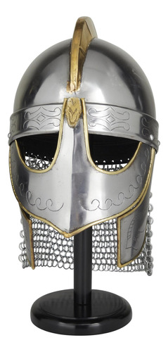 Casco Medieval De Metal Con Soporte De Madera Negro 23 X 28
