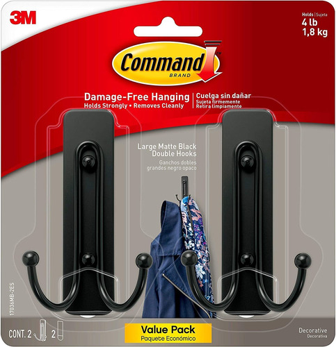 Command Large Wall Hooks, 2 Pack, Matte Black, Organize D...
