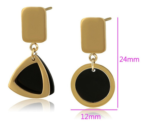 Arete Colgantes Oro 18k Lam Negro Circulo Triangulo Mujer