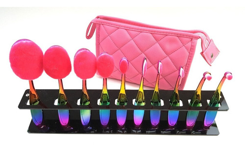 Imagen 5 de 6 de Set 10 Pinceles Ovales Profesional + Neceser Rosa O Violeta