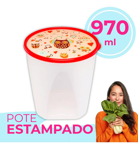 Pote Plástico Redondo Com Tampa Estampada 970ml Organizador