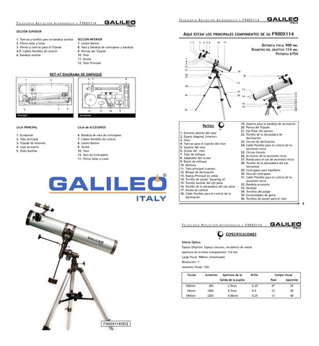 Imagen 2 de 7 de Telescopio Galileo Reflector 900x114 Ecuatorial Aumento 675x