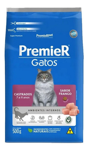 Ração Gatos Castrados 7 A 11 Anos Sabor Frango 500g Premier