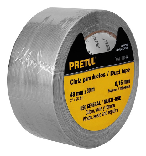 Cinta Para Ductos 48mm X 30 Mts, 0.16mm, Pretul  [6 Piezas]