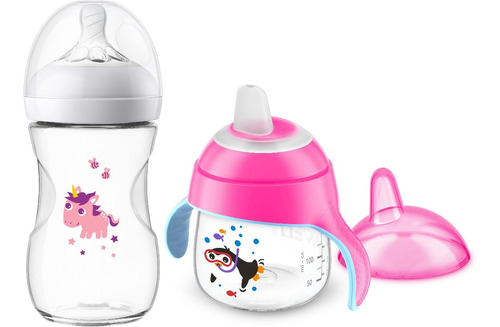 Kit Mamadeira Petala 260ml Unicórnio + Copo Pinguim Avent