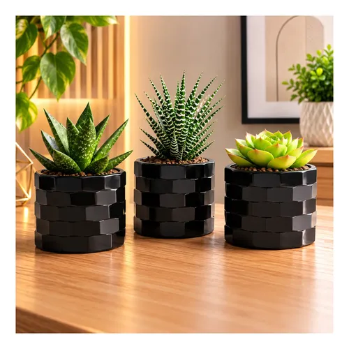 3 Vasos Cachepot Moderno Suculentas Cactos Ervas Flores Quad Preto