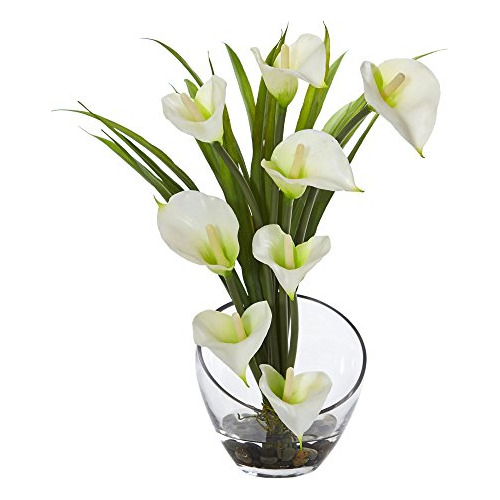 Casi Natural Calla Lily Y Zacate En Florero,, Color Beige