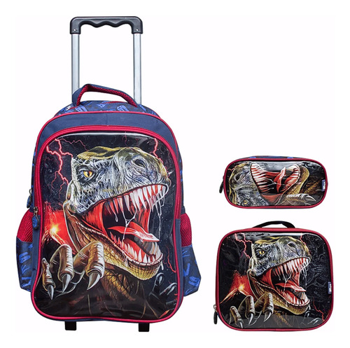 Mochila De Rodinhas Lancheira Estojo Dinossauro Rapt