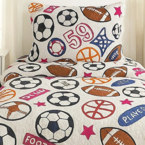 Kit Colcha Cobre Leito Infantil Menino Menina Solteiro 2 Pçs Cor Branco Futebol