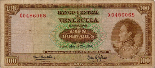 Billete 100 Bolívares 26 De Mayo 1970 Serial X7