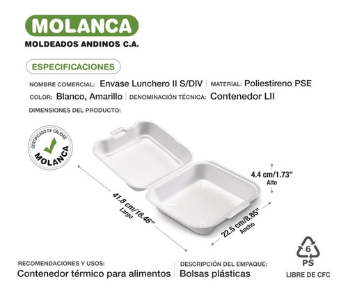 Imagen 2 de 2 de Lonchero Térmico Ii Sin Divisor Molanca - Empaque De 50 Und
