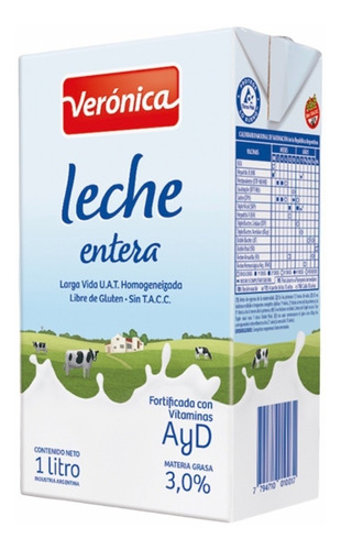 Leche Veronica Entera Larga Vida 12u X 1lt Pack.