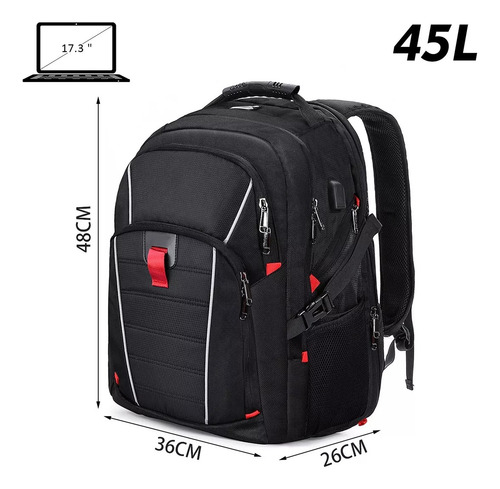 45l Mochila Impermeable Para Laptop De 17.3 Usb Para Hombre Color Negro Diseño De La Tela Liso