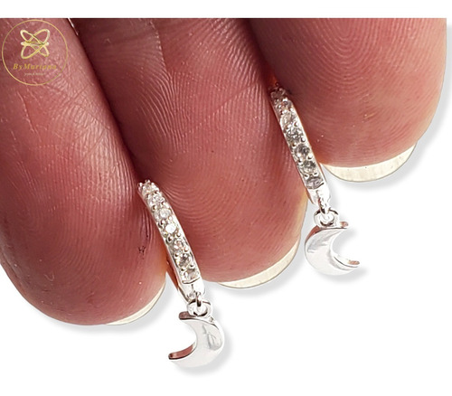 Imagen 2 de 5 de Aros Plata Argolla Micro Pave Con Luna Colgante 12 X 20mm