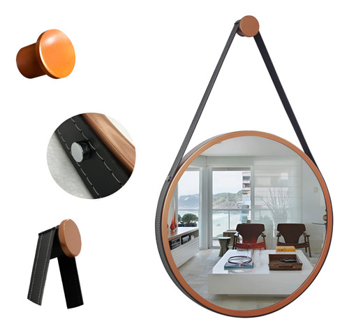 Espelho Redondo Adnet Premium Com Alça 60cm + Suporte Moldura Cobre Alça Preta