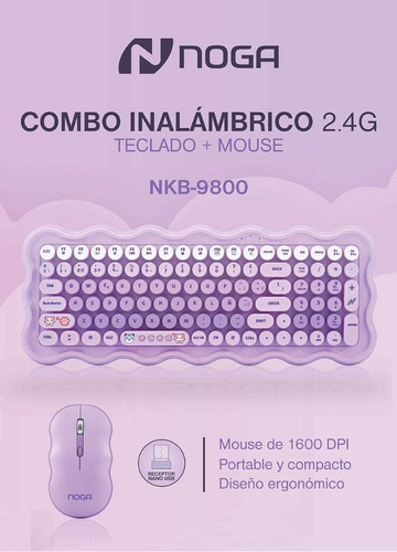 Combo Kit Teclado Y Mouse Inalámbrico Ergonomico Qwerty Noga Rosa Rosa