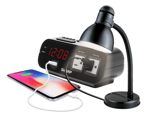 Reloj Despertador Digital Sharp Modelo Con 2 Tomas Usb Y Pro Negro