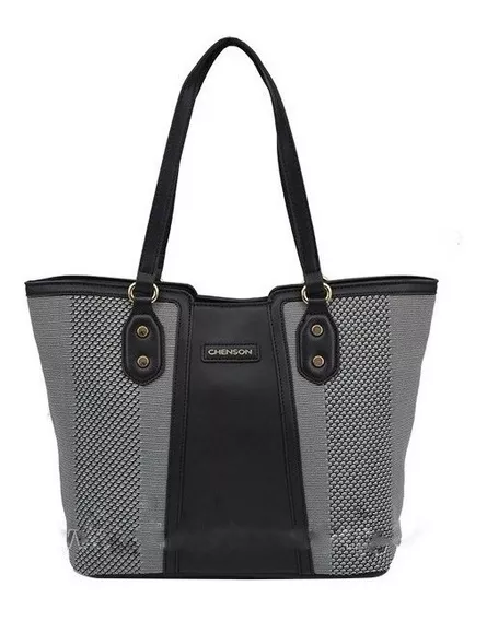 Cartera Bolso Mujer Chenson Cuero Negro Y Tela Alta Calidad