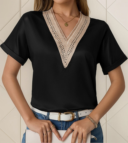 Blusa Moda Casual De Encaje Con Cuello En V Para Mujer