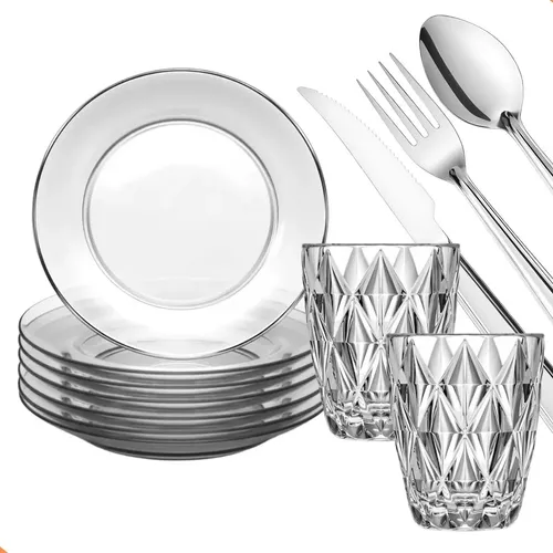 Aparelho De Jantar 30 Peças - Pratos + Copos + Talheres Inox Transparente Diamond