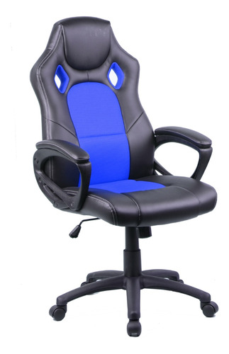 Silla Gamer 8 Giratoria Negro Y Azul Rueditas