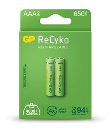 Pilas Recargable Tamaño Aaa Gp 2 Piezas 650 Mah Recyko Nimh