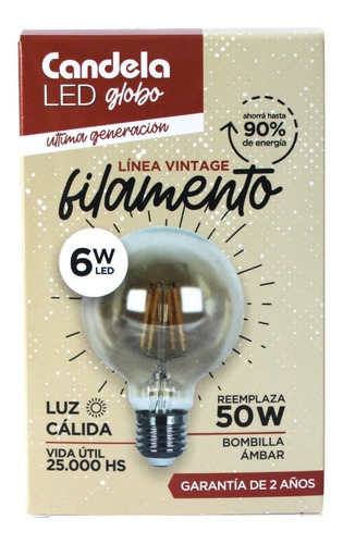 Lampara Filamento Vintage Globo 6w=50w Candela 2 Años Gtia 