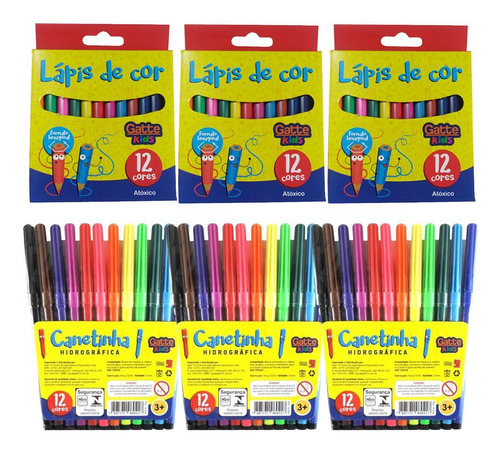 Kit 12 Lápis De Cor E 12 Canetinhas Gatte Kids Curto