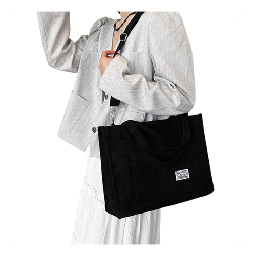 Bolso Universitario Mujer Elisabeth&co Nictionxl, Cartera Mujer Grande De Tela Corderoy Negro Reforzada Con Correa Desmontable Y Ajustable. Ideal Para La Facultad Universidad Uso Diario.