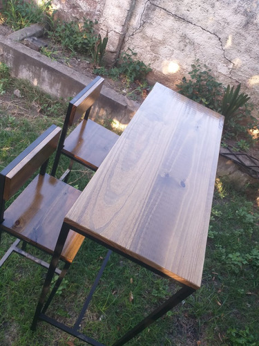 Barra  + 4 Banquetas Con Respaldo Bar Madera Hierro