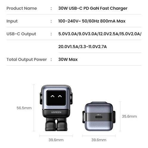 Ugreen Nexode Robot Cargador Rápido Gan De 30w Usb-c Negro