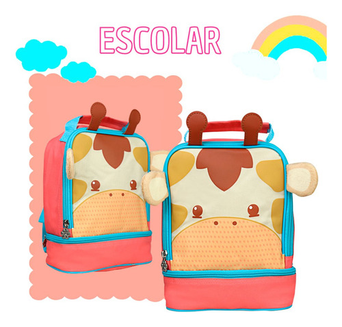 Kit Mochila Rodinha Lancheira Girafa 3d Bichinhos