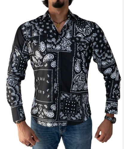 Camisa Patron Negra Manga Larga Hombre Estilo Resort Garigol