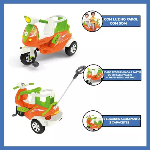 Triciclo Motoca Infantil Passeio c/ Empurrador Pedal Luz Som