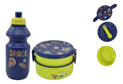 Set De Lonchera Infantil Redonda Dos Niveles Con Botella Cs