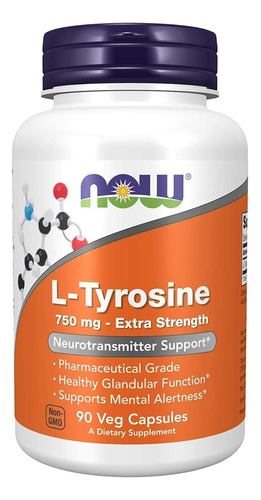 L-tirosina, 750 mg, Now Foods, L-tirosina, 90 cápsulas vegetarianas, sabor sin sabor