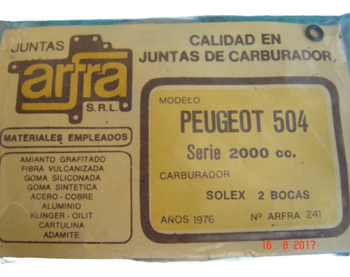 Juego Juntas Carburador Solex 2bocas Peugeot 504 2000cc 1976